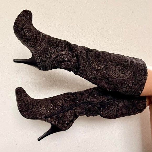 Diba True Shoes - Early 2000s Black Paisley Tapestry Knee-High Boots